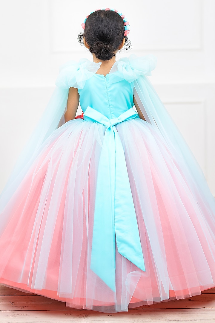 Coral & Aqua Blue Net & Satin Embroidered Dress For Girls by Li & Li Boutique at Pernia's Pop Up Shop
