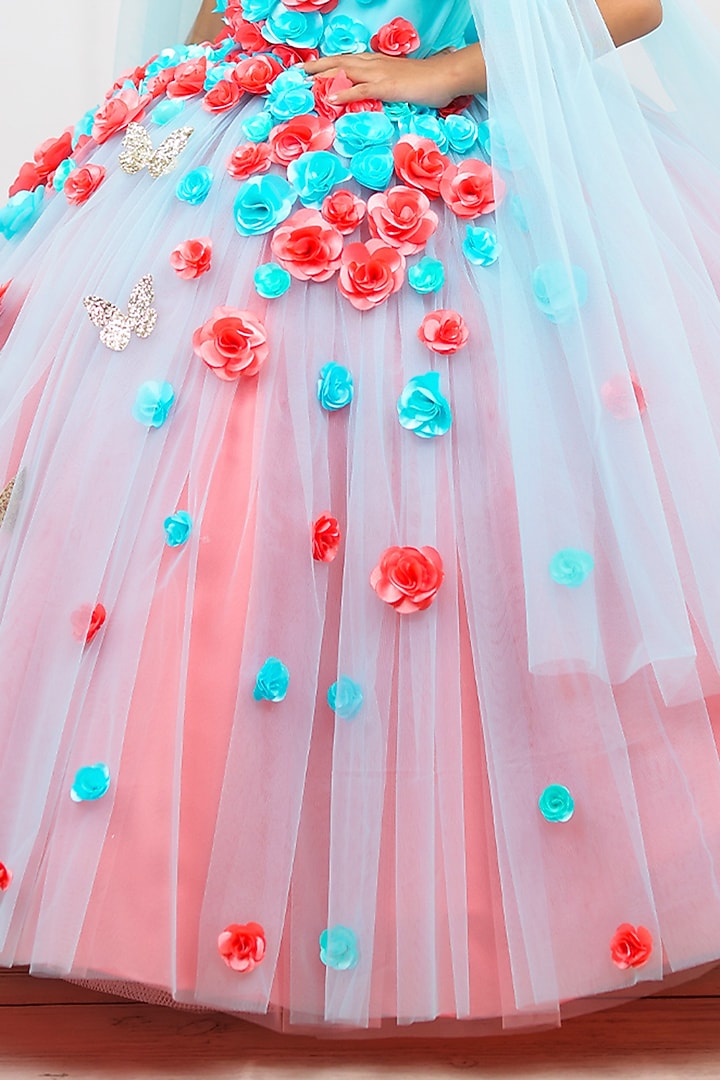 Coral & Aqua Blue Net & Satin Embroidered Dress For Girls by Li & Li Boutique at Pernia's Pop Up Shop