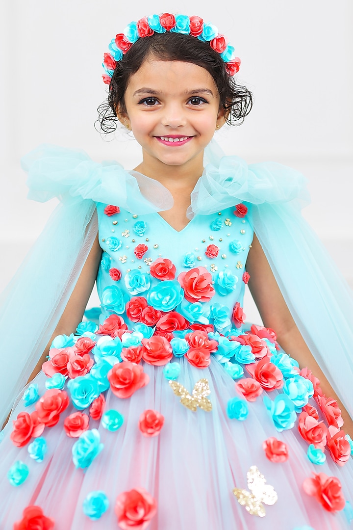 Coral & Aqua Blue Net & Satin Embroidered Dress For Girls by Li & Li Boutique at Pernia's Pop Up Shop
