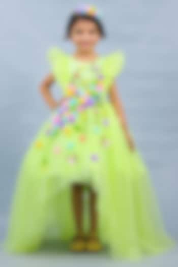 Neon Green Net & Satin Embroidered High-Low Dress For Girls by Li & Li Boutique at Pernia's Pop Up Shop
