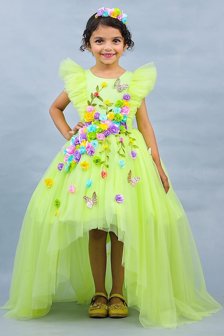 Neon Green Net & Satin Embroidered High-Low Dress For Girls by Li & Li Boutique at Pernia's Pop Up Shop
