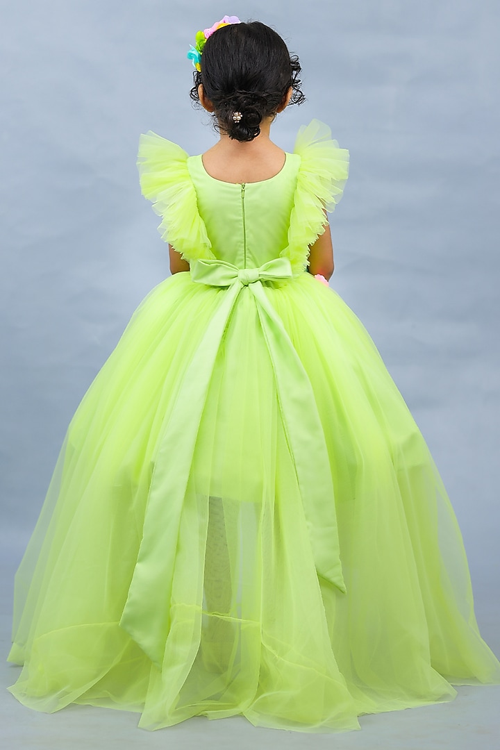 Neon Green Net & Satin Embroidered High-Low Dress For Girls by Li & Li Boutique at Pernia's Pop Up Shop