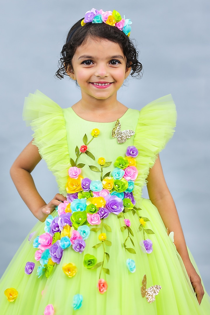 Neon Green Net & Satin Embroidered High-Low Dress For Girls by Li & Li Boutique at Pernia's Pop Up Shop