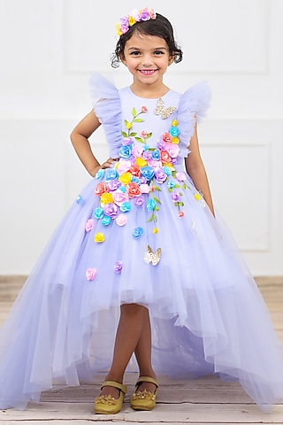 Powder Blue Net & Satin Embroidered Dress For Girls by Li & Li Boutique