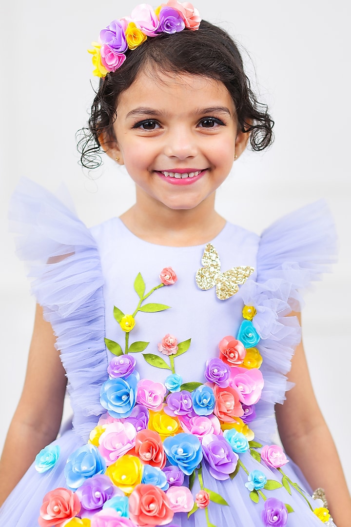 Powder Blue Net & Satin Embroidered Dress For Girls by Li & Li Boutique at Pernia's Pop Up Shop