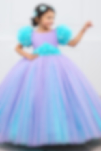 Lavender & Aqua Blue Net & Satin Embroidered Dress For Girls by Li & Li Boutique at Pernia's Pop Up Shop