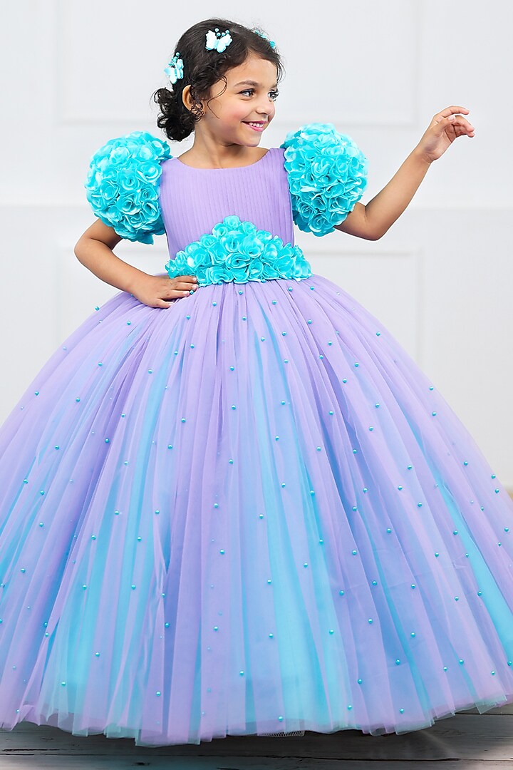 Lavender & Aqua Blue Net & Satin Embroidered Dress For Girls by Li & Li Boutique at Pernia's Pop Up Shop