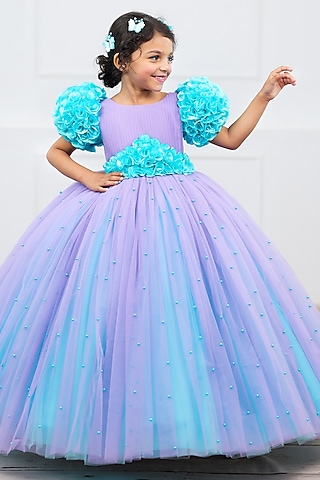 Lavender & Aqua Blue Net & Satin Embroidered Dress For Girls by Li & Li Boutique