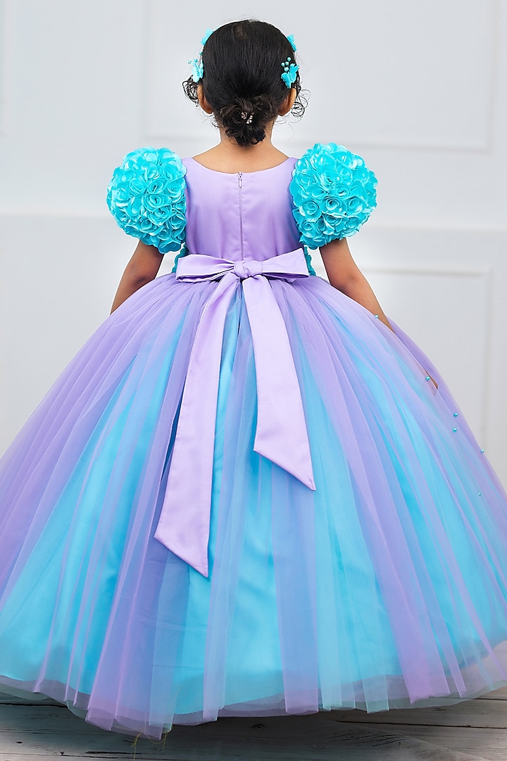 Lavender & Aqua Blue Net & Satin Embroidered Dress For Girls by Li & Li Boutique at Pernia's Pop Up Shop