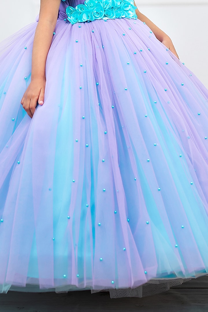 Lavender & Aqua Blue Net & Satin Embroidered Dress For Girls by Li & Li Boutique at Pernia's Pop Up Shop