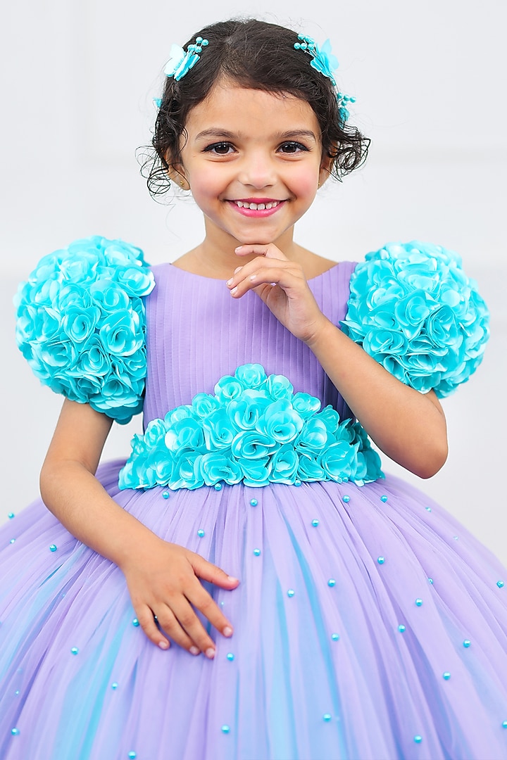Lavender & Aqua Blue Net & Satin Embroidered Dress For Girls by Li & Li Boutique at Pernia's Pop Up Shop