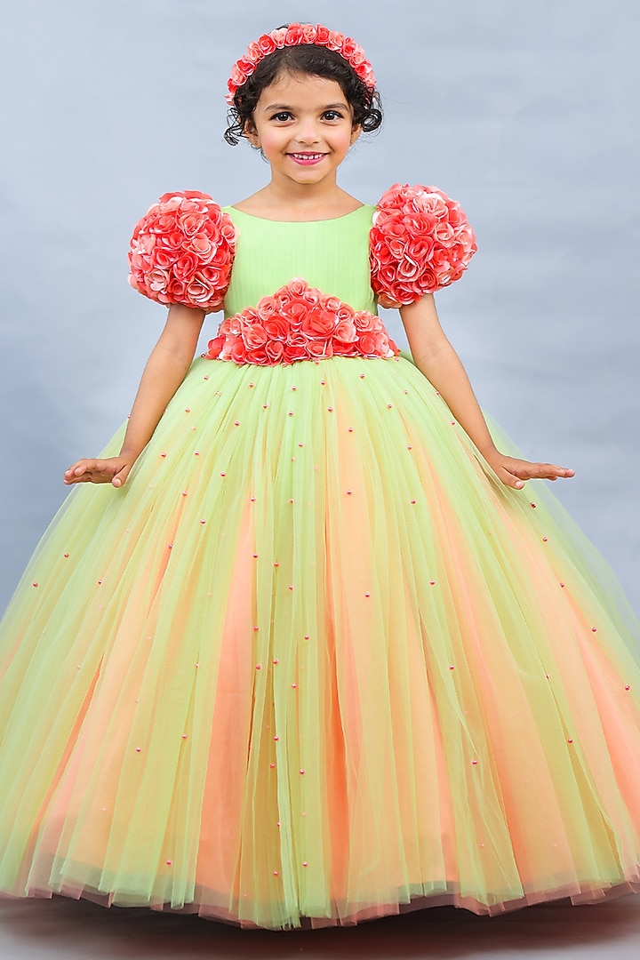 Coral & Tea Green Net & Satin Embroidered Dress For Girls by Li & Li Boutique at Pernia's Pop Up Shop