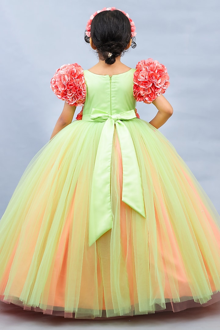 Coral & Tea Green Net & Satin Embroidered Dress For Girls by Li & Li Boutique at Pernia's Pop Up Shop