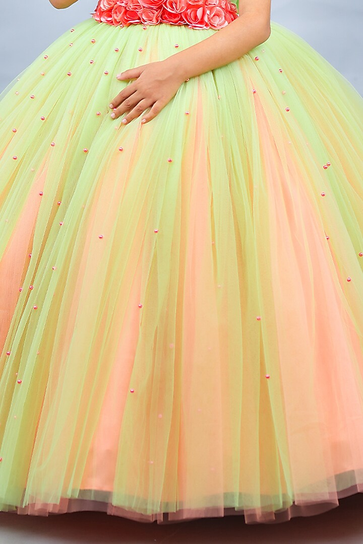 Coral & Tea Green Net & Satin Embroidered Dress For Girls by Li & Li Boutique at Pernia's Pop Up Shop