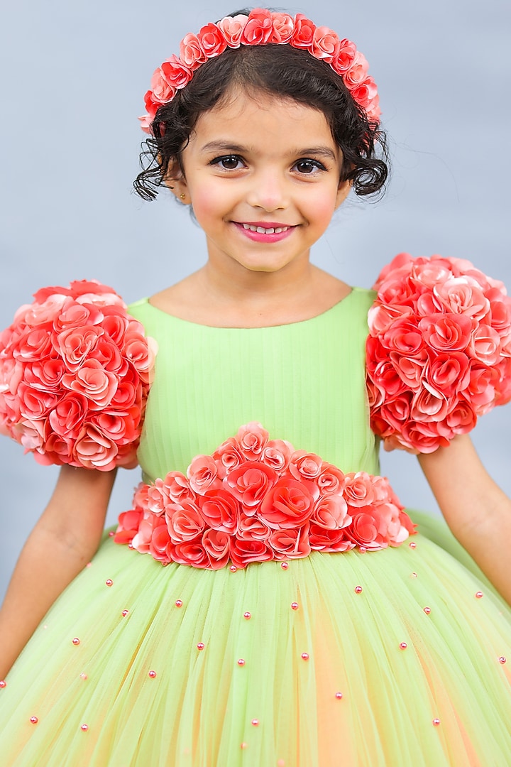 Coral & Tea Green Net & Satin Embroidered Dress For Girls by Li & Li Boutique at Pernia's Pop Up Shop