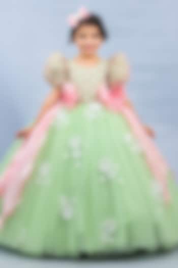 Sage Green Net Floral Work Gown For Girls by Li & Li Boutique at Pernia's Pop Up Shop