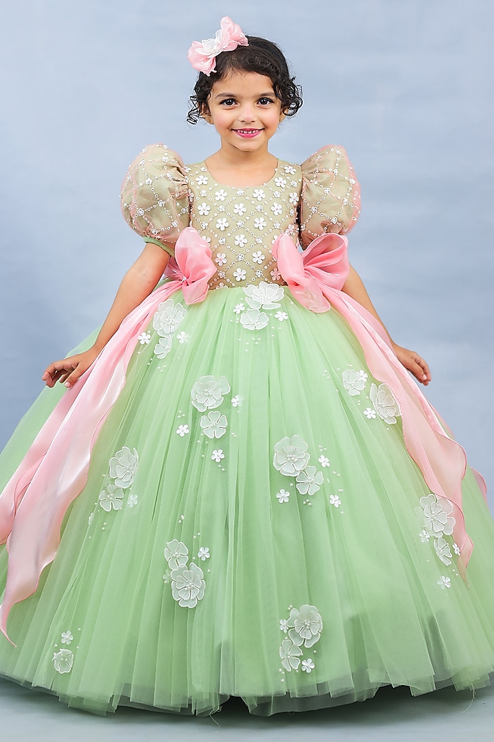 Sage Green Net Floral Work Gown For Girls by Li & Li Boutique at Pernia's Pop Up Shop