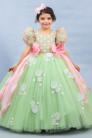 Sage Green Net Floral Work Gown For Girls by Li & Li Boutique