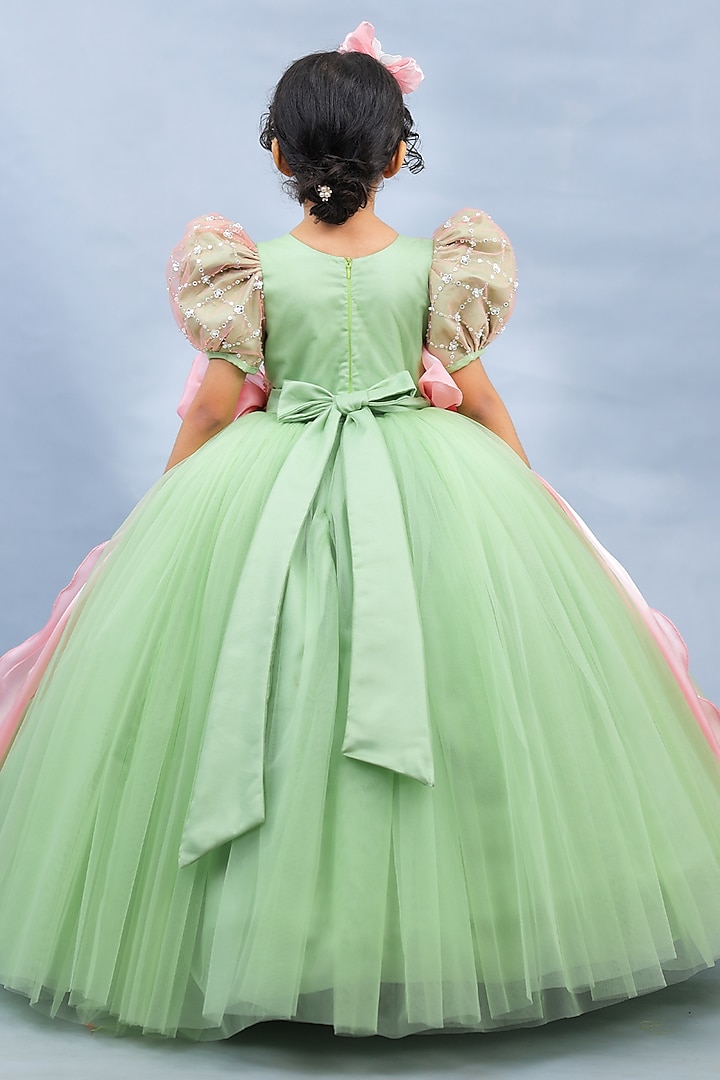 Sage Green Net Floral Work Gown For Girls by Li & Li Boutique at Pernia's Pop Up Shop