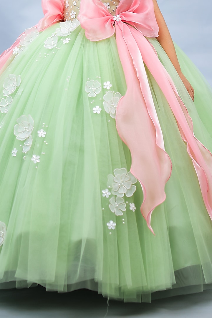Sage Green Net Floral Work Gown For Girls by Li & Li Boutique at Pernia's Pop Up Shop