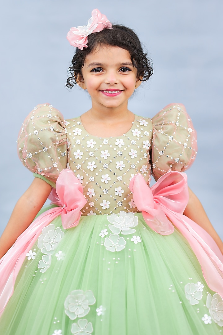 Sage Green Net Floral Work Gown For Girls by Li & Li Boutique at Pernia's Pop Up Shop