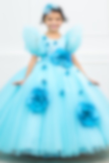 Sky Blue Net & Satin Embroidered Ball Gown For Girls by Li & Li Boutique at Pernia's Pop Up Shop