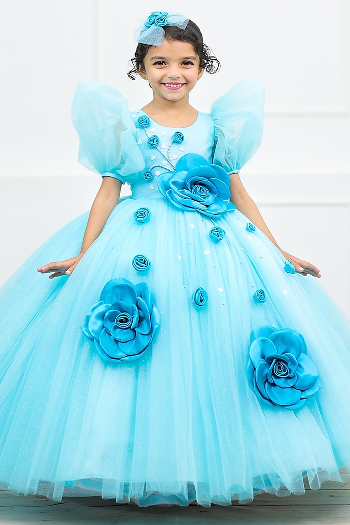 Sky Blue Net & Satin Embroidered Ball Gown For Girls by Li & Li Boutique at Pernia's Pop Up Shop