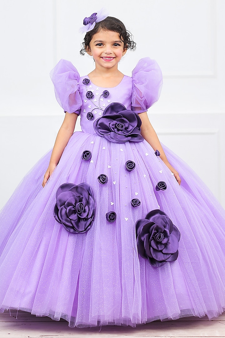 Lavender Net & Satin Embroidered Ball Gown For Girls by Li & Li Boutique at Pernia's Pop Up Shop