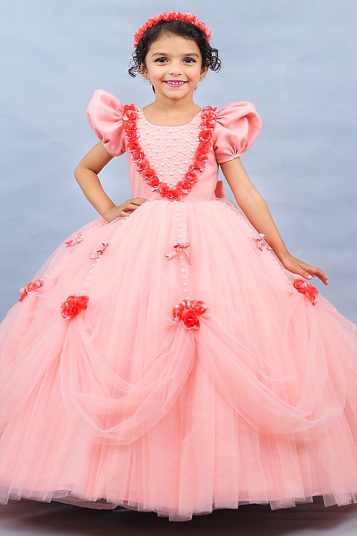Peach Bud Net & Satin Embroidered Ball Gown by Li & Li Boutique at Pernia's Pop Up Shop