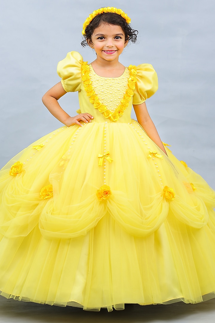 Light yellow Net & Satin Embroidered Ball Gown by Li & Li Boutique at Pernia's Pop Up Shop