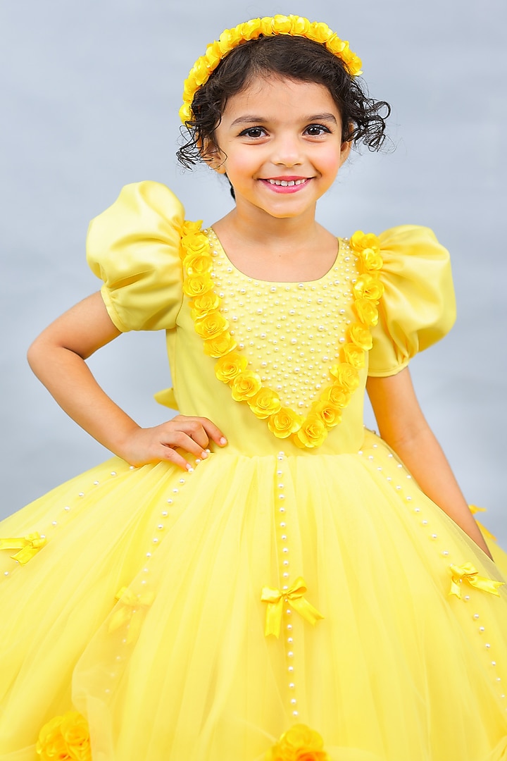 Light yellow Net & Satin Embroidered Ball Gown by Li & Li Boutique at Pernia's Pop Up Shop