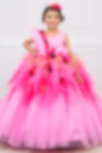 Lavender Pink & Light Coral Net & Satin Bead Work Dress For Girls by Li & Li Boutique at Pernia's Pop Up Shop