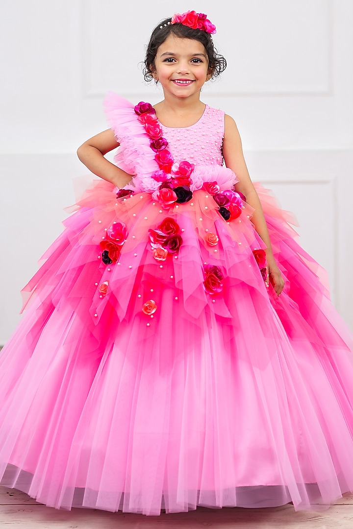 Lavender Pink & Light Coral Net & Satin Bead Work Dress For Girls by Li & Li Boutique at Pernia's Pop Up Shop