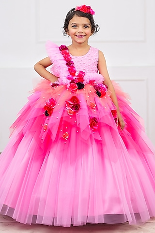 Lavender Pink & Light Coral Net & Satin Bead Work Dress For Girls by Li & Li Boutique