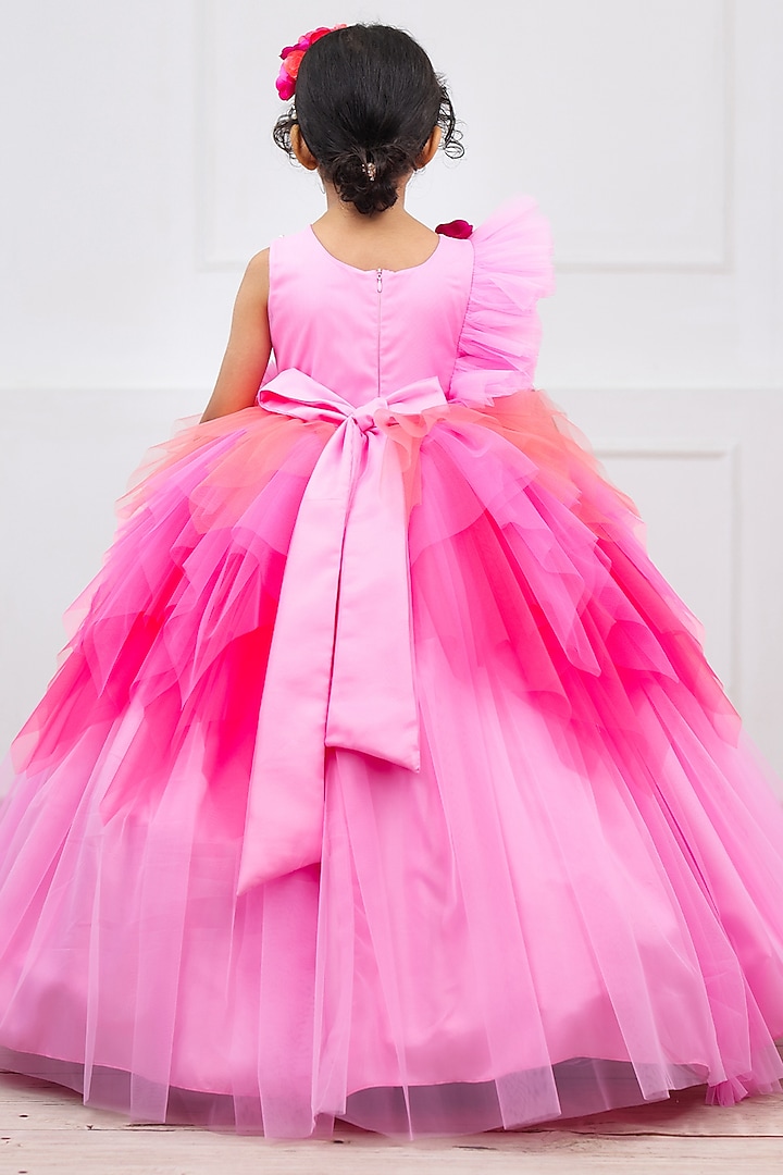 Lavender Pink & Light Coral Net & Satin Bead Work Dress For Girls by Li & Li Boutique at Pernia's Pop Up Shop
