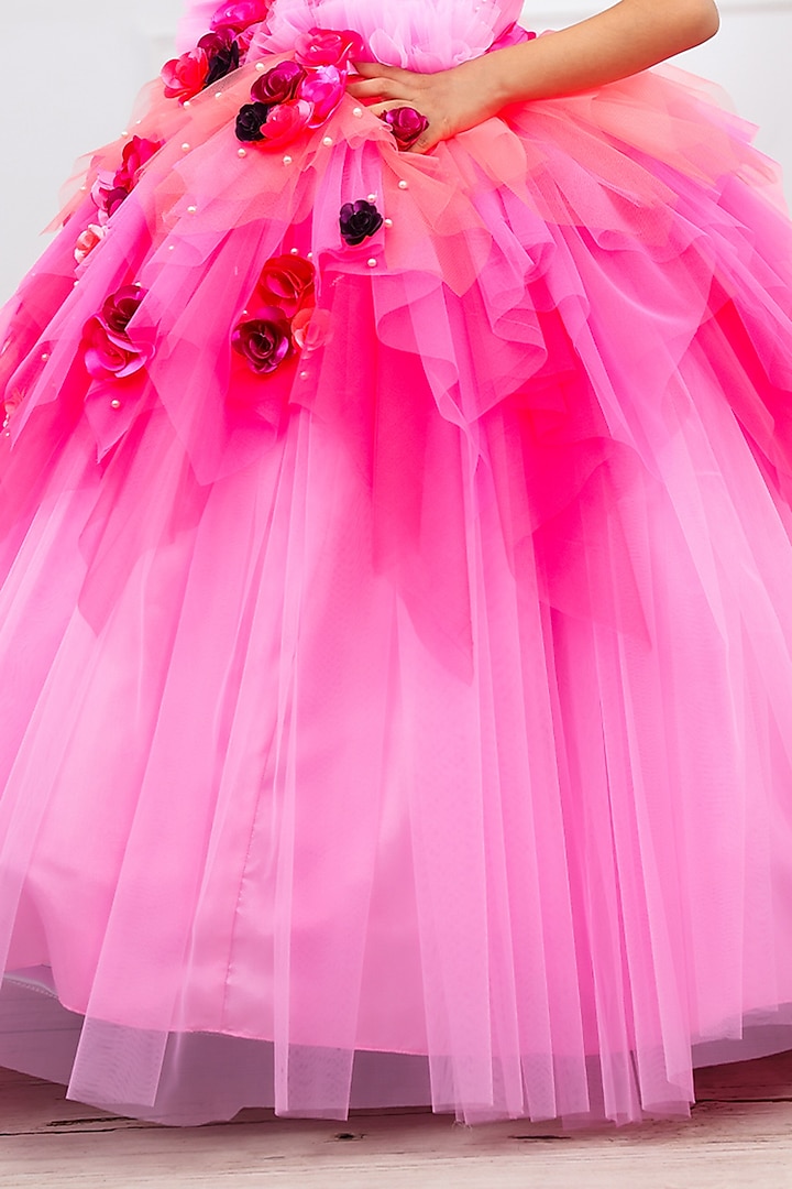 Lavender Pink & Light Coral Net & Satin Bead Work Dress For Girls by Li & Li Boutique at Pernia's Pop Up Shop