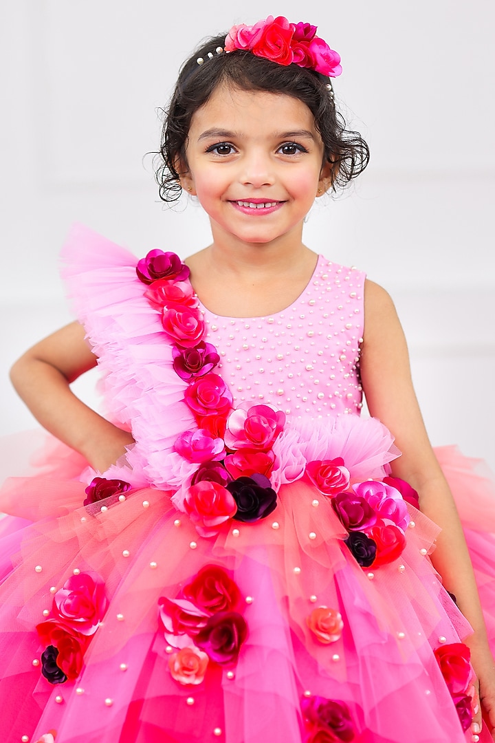 Lavender Pink & Light Coral Net & Satin Bead Work Dress For Girls by Li & Li Boutique at Pernia's Pop Up Shop