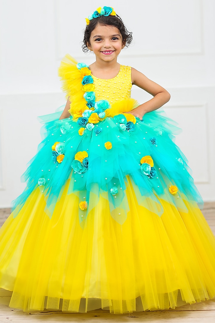 Marigold & Sky Blue Net & Satin Bead Work Dress For Girls by Li & Li Boutique at Pernia's Pop Up Shop