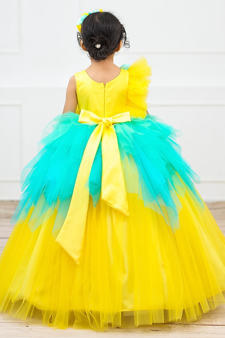 Marigold & Sky Blue Net & Satin Bead Work Dress For Girls by Li & Li Boutique at Pernia's Pop Up Shop