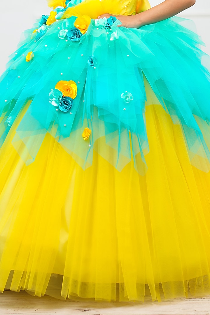 Marigold & Sky Blue Net & Satin Bead Work Dress For Girls by Li & Li Boutique at Pernia's Pop Up Shop