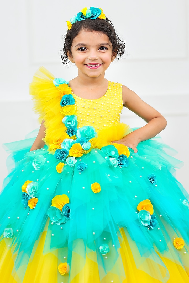 Marigold & Sky Blue Net & Satin Bead Work Dress For Girls by Li & Li Boutique at Pernia's Pop Up Shop