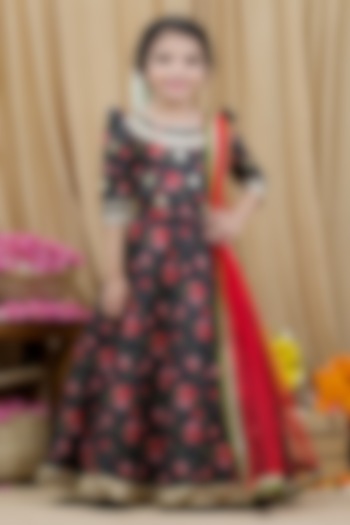 Black Organza Floral Printed Skirt Set For Girls by Li & Li Boutique at Pernia's Pop Up Shop