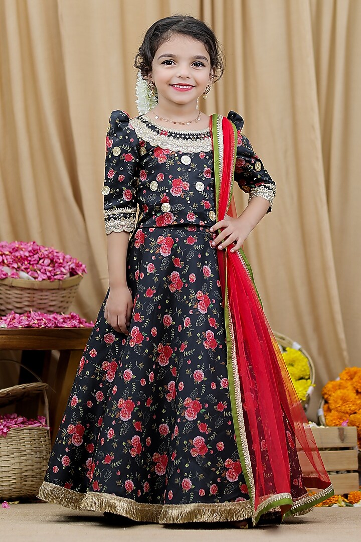 Black Organza Floral Printed Skirt Set For Girls by Li & Li Boutique at Pernia's Pop Up Shop