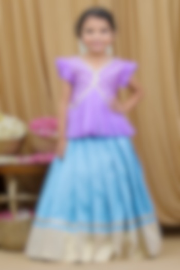 Light Blue Chanderi Cotton Zari & Organza Skirt Set For Girls by Li & Li Boutique at Pernia's Pop Up Shop