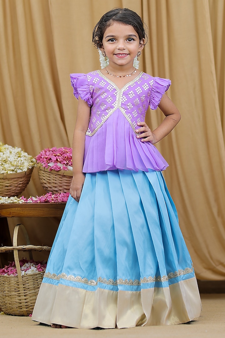 Light Blue Chanderi Cotton Zari & Organza Skirt Set For Girls by Li & Li Boutique at Pernia's Pop Up Shop