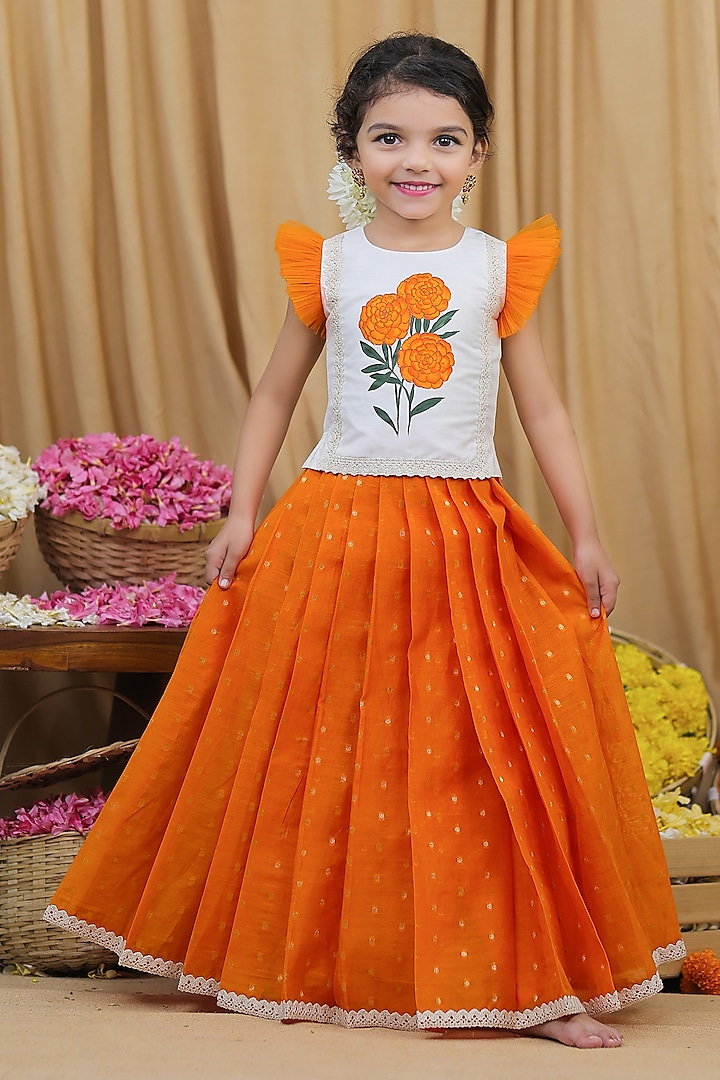 Marigold & White Zari Cotton Skirt Set For Girls by Li & Li Boutique at Pernia's Pop Up Shop