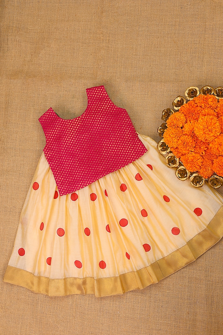 Off-White Modal Silk Polka Dot Printed Skirt Set For Girls by Li & Li Boutique at Pernia's Pop Up Shop