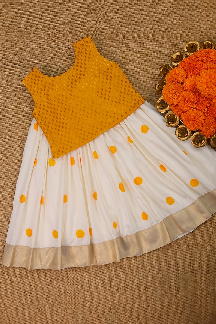 Ivory Modal Silk Handpainted Polka Dot Printed Skirt Set For Girls by Li & Li Boutique at Pernia's Pop Up Shop