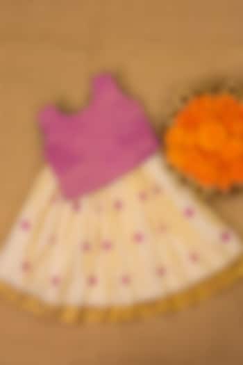 Ivory Modal Silk Handpainted Polka Dot Printed Skirt Set For Girls by Li & Li Boutique at Pernia's Pop Up Shop