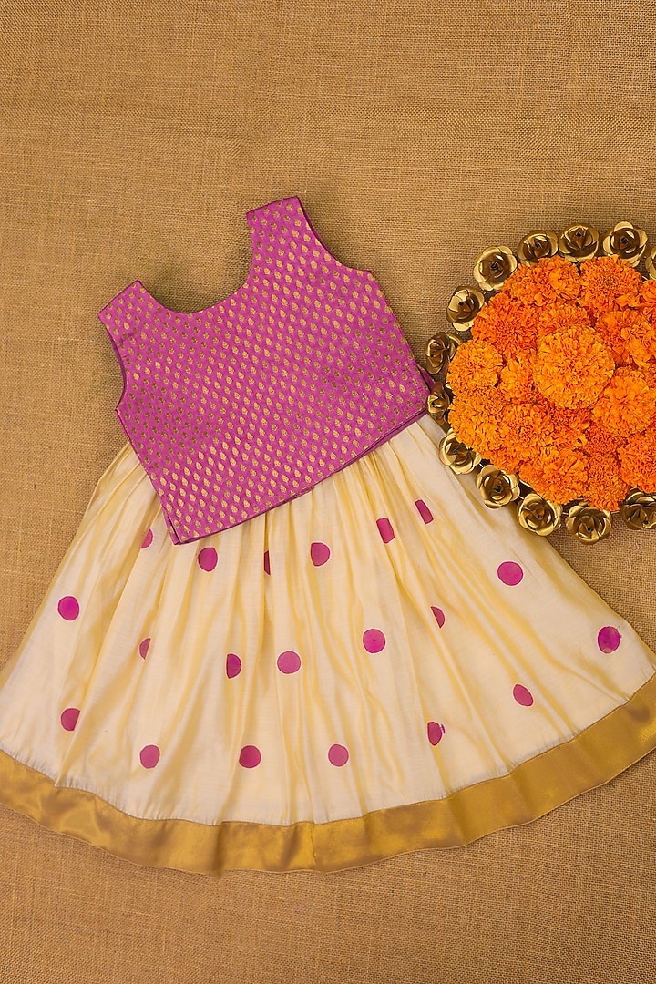 Ivory Modal Silk Handpainted Polka Dot Printed Skirt Set For Girls by Li & Li Boutique at Pernia's Pop Up Shop